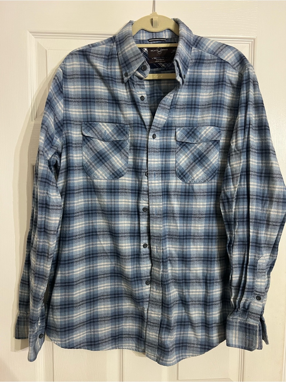 Black Brown 1826 Men’s Large Blue Plaid Flannel Shirt Tailored Fit Button Down